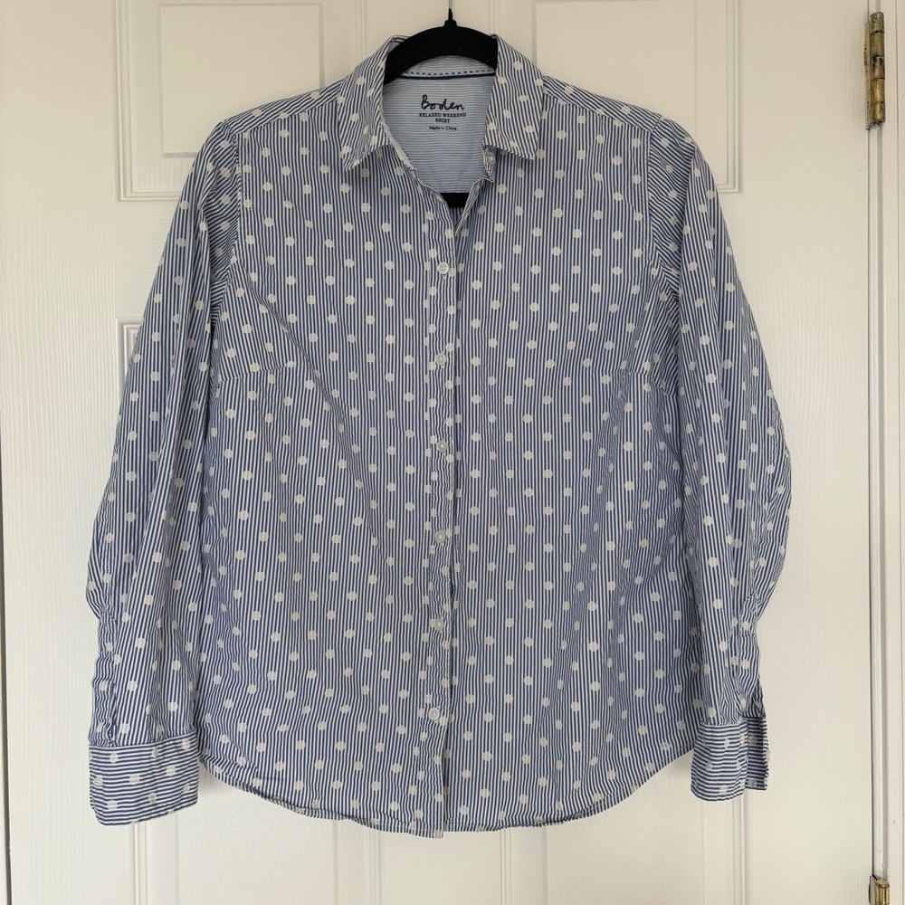 Boden Women's Relaxed Weekend Polka Dot Striped Shirt Blue White Cotton Size 6